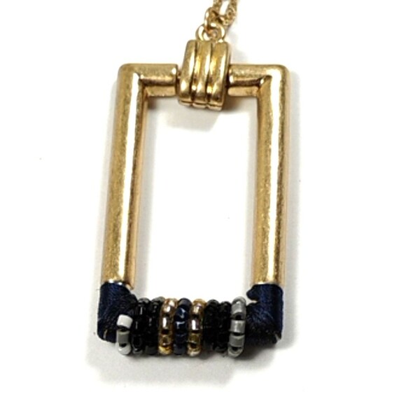 Geometric Rectangle Pendant Necklace, Gold Tone, Black Bead Accents, Long Chain - Picture 2 of 5
